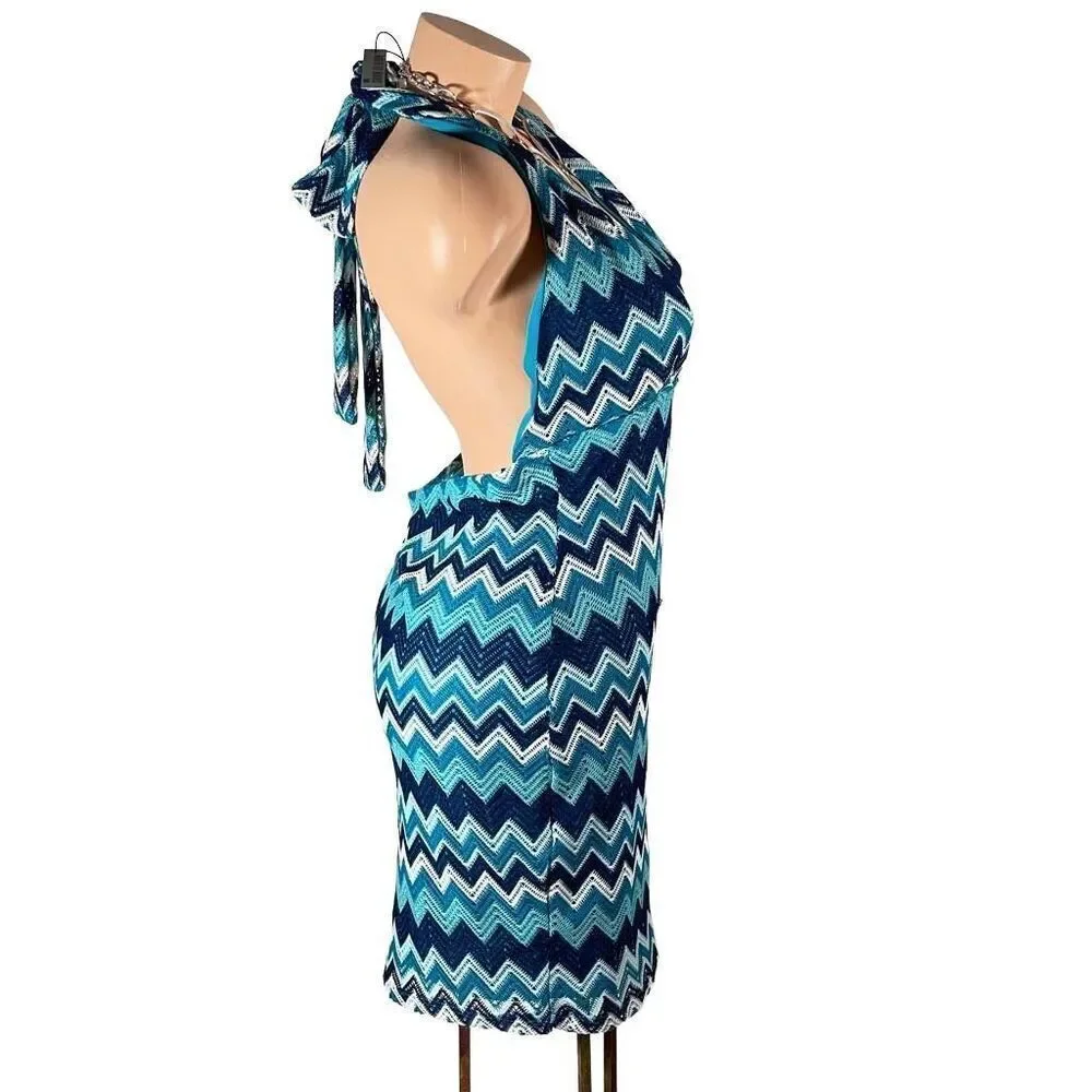 NWT Almost famous Sz L Teal White Chevron Backless Cleavage Sexy Fun mini dress